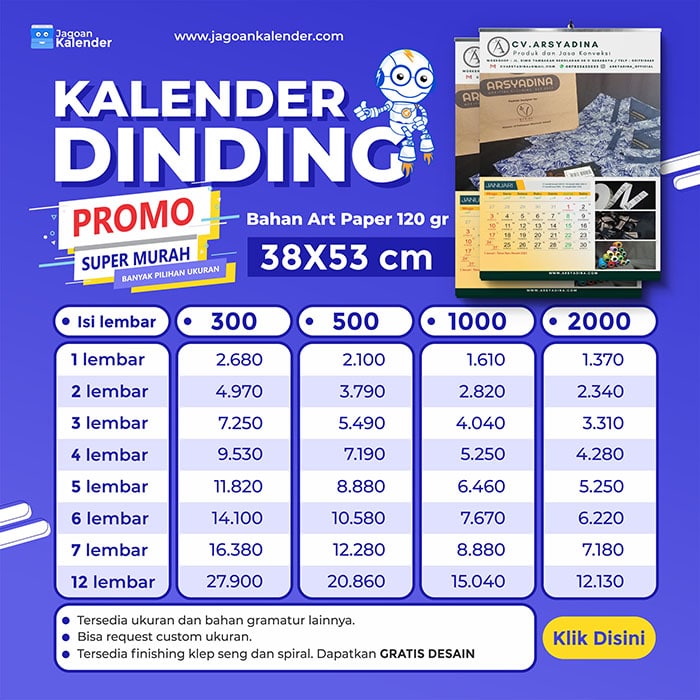 Kalender dinding Spesifikasi Art Paper 120gr finishing Klepseng - Jagoan Kalender Surabaya